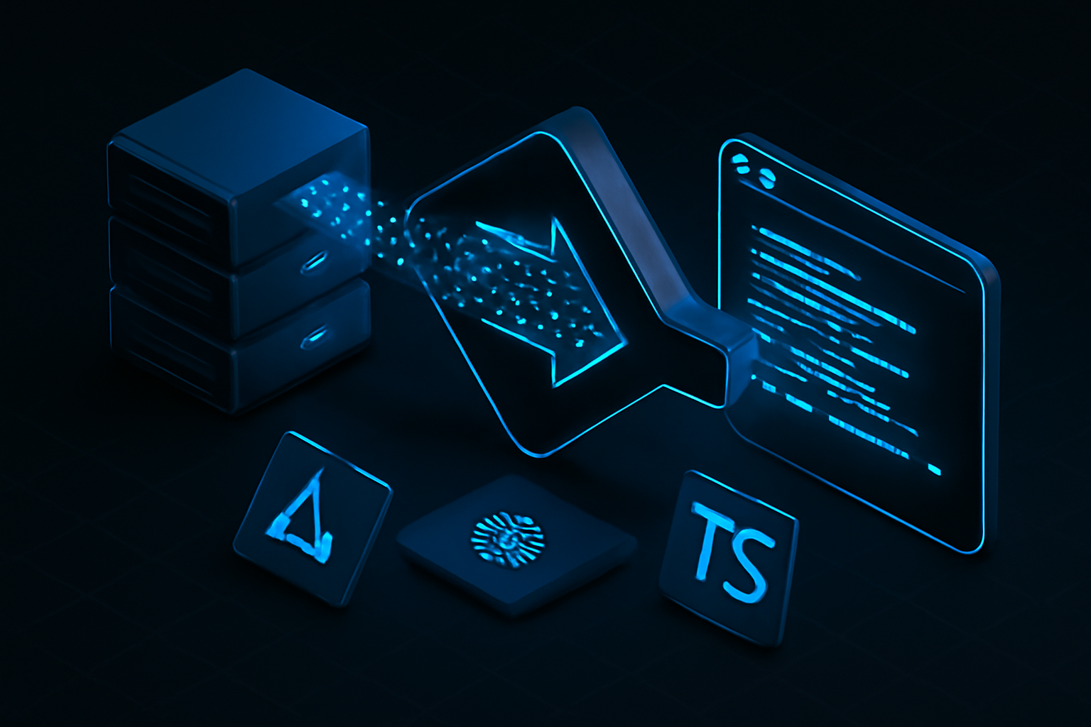 Isometric scene of a server console emitting electric blue SSE streams through a Next.js arrow shape into a browser window, with Next.js, Anthropic, and TypeScript logo cards as desk objects.
