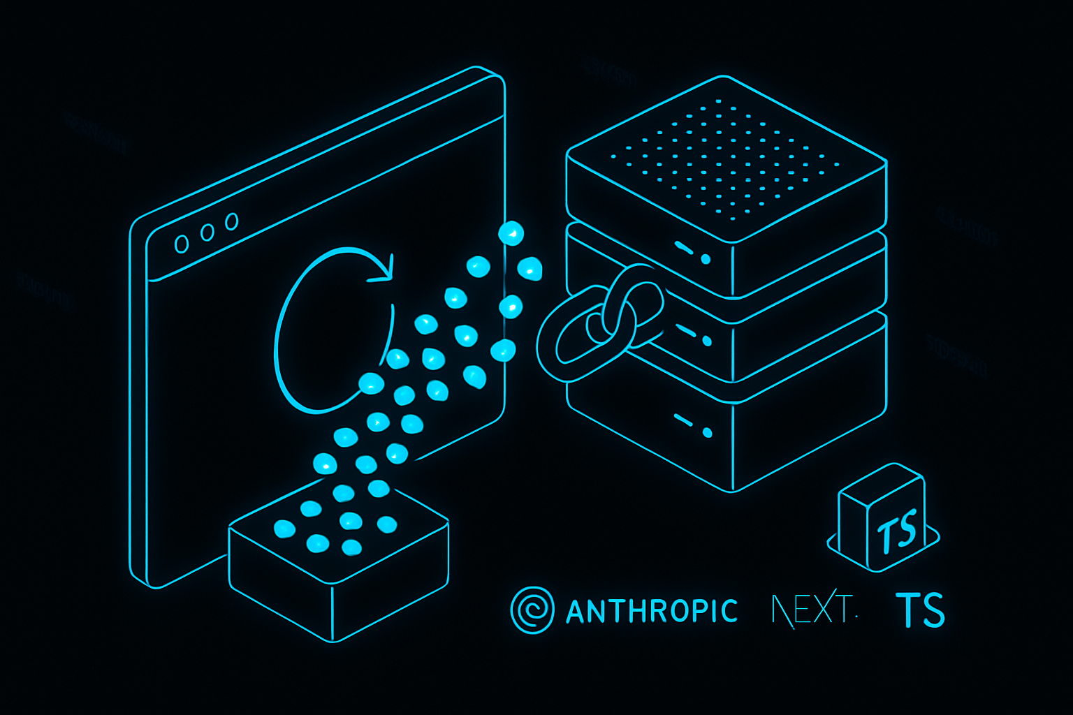 Isometric browser pulling a stream of glowing tokens from a server, chain-link motif suggesting resume, Anthropic Next.js TypeScript logos on minimalist desk objects, electric blue on black