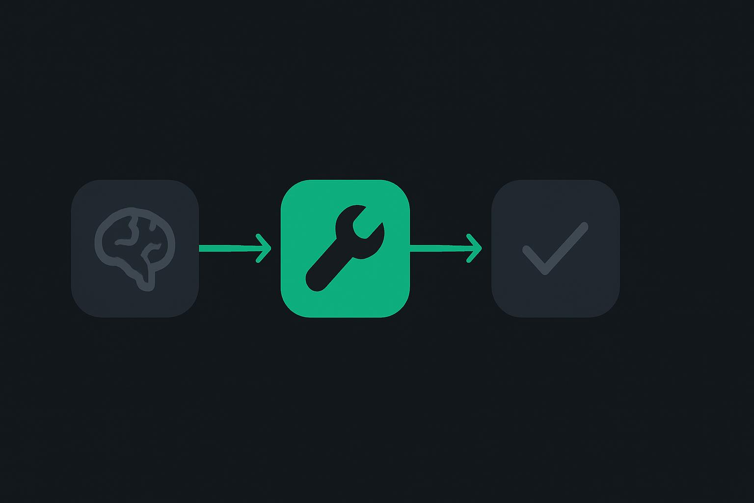 Minimalist directed state graph with looping edges representing a LangGraph agent, emerald accent on charcoal