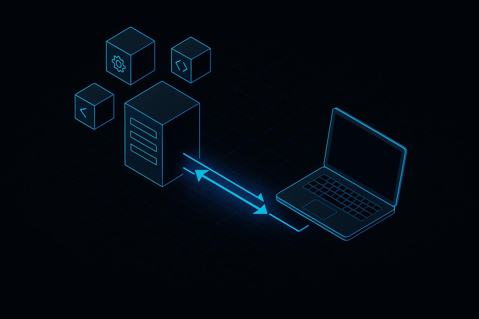 Isometric dark-mode diagram of a remote server node streaming HTTP requests and responses to a laptop client
