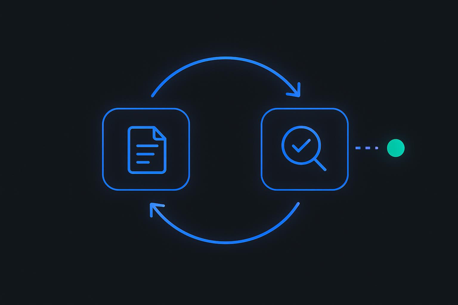 Dark technical diagram of an evaluator-optimizer loop: a generator node and an evaluator node connected by a circular feedback arrow, with a success exit.