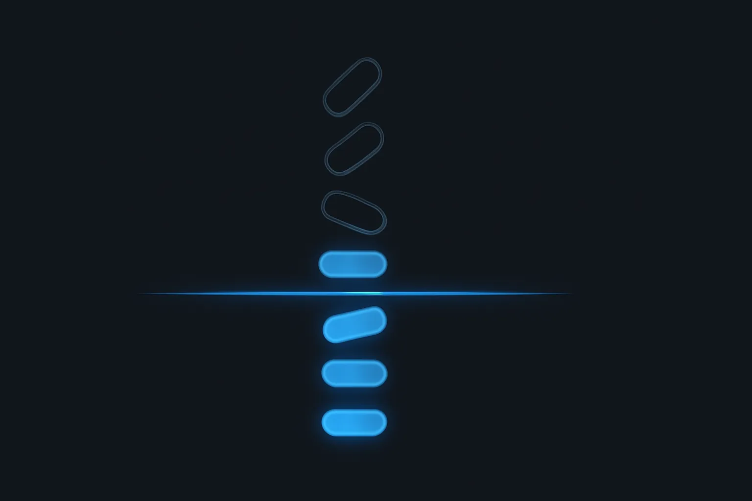 A glowing electric blue horizontal boundary line on a near-black background, with three dimmed hollow tokens stopped above it and solid blue tokens passing through below