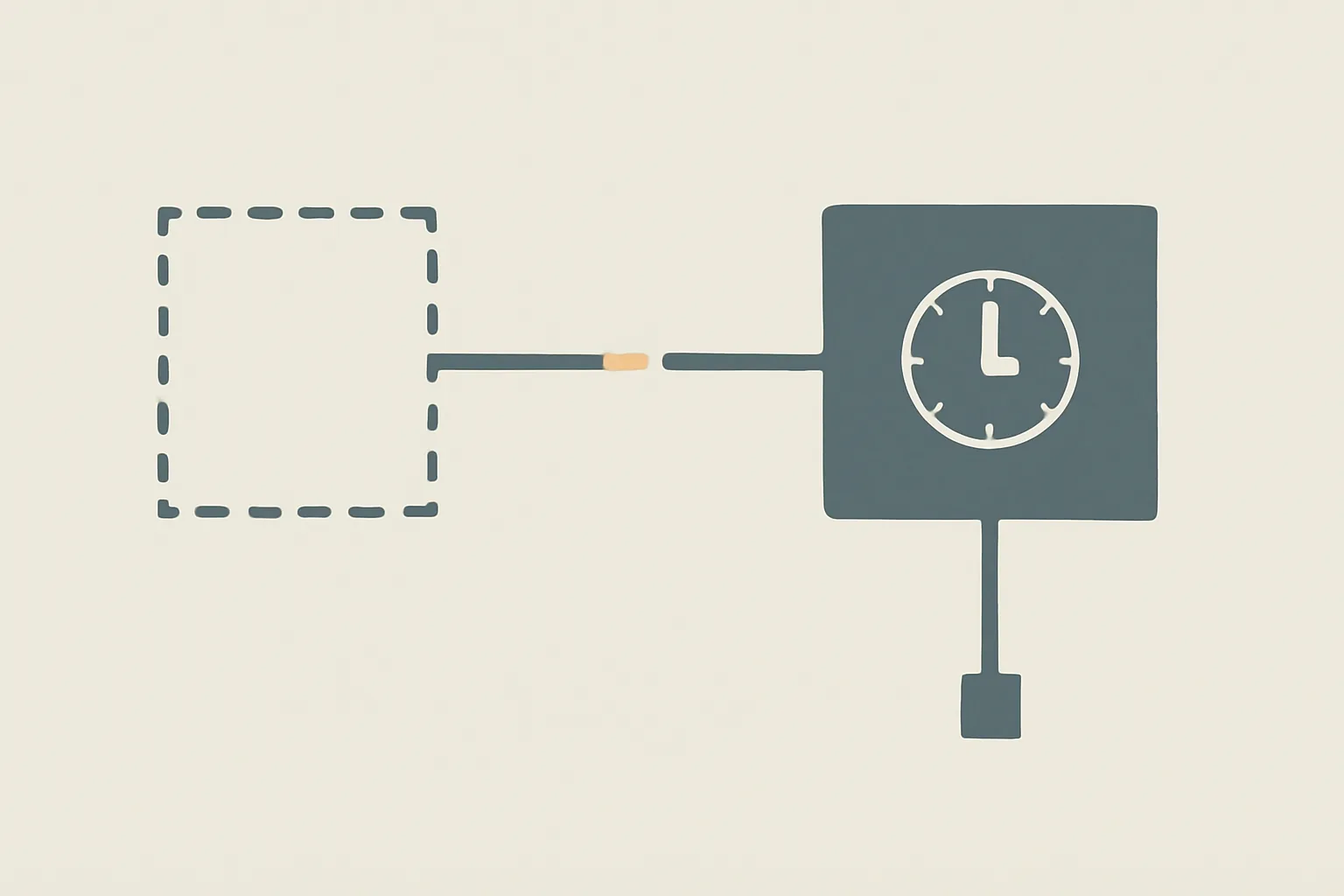 Flat schematic: an empty dashed box where the client process was, a severed pipe with an amber gap, and a surviving server box containing a clock, with a line dropping to a single small node.